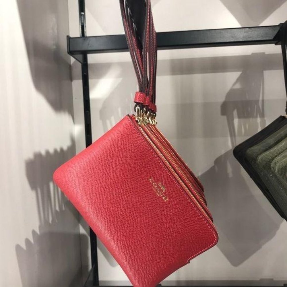 Coach Corner Zip Wristlet Red Signature Leather With Gold Details